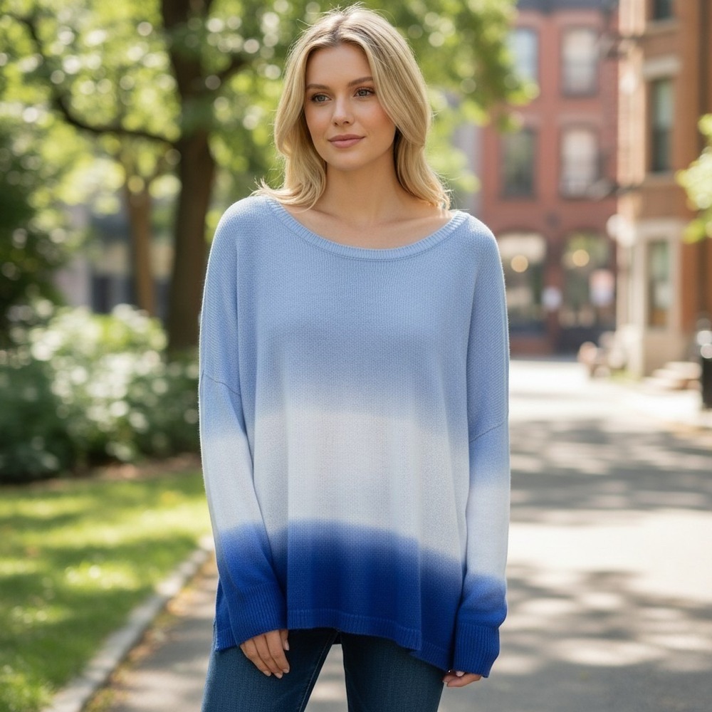 Talbots Ballet Neck Dip Dye Knit Sweater Pullover Ombre Relaxed Blue Women XL